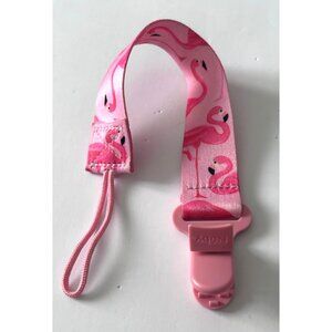 Nuby Pink Flamingo Pacifier Clip Plastic Clip & Fabric Strap For Babies